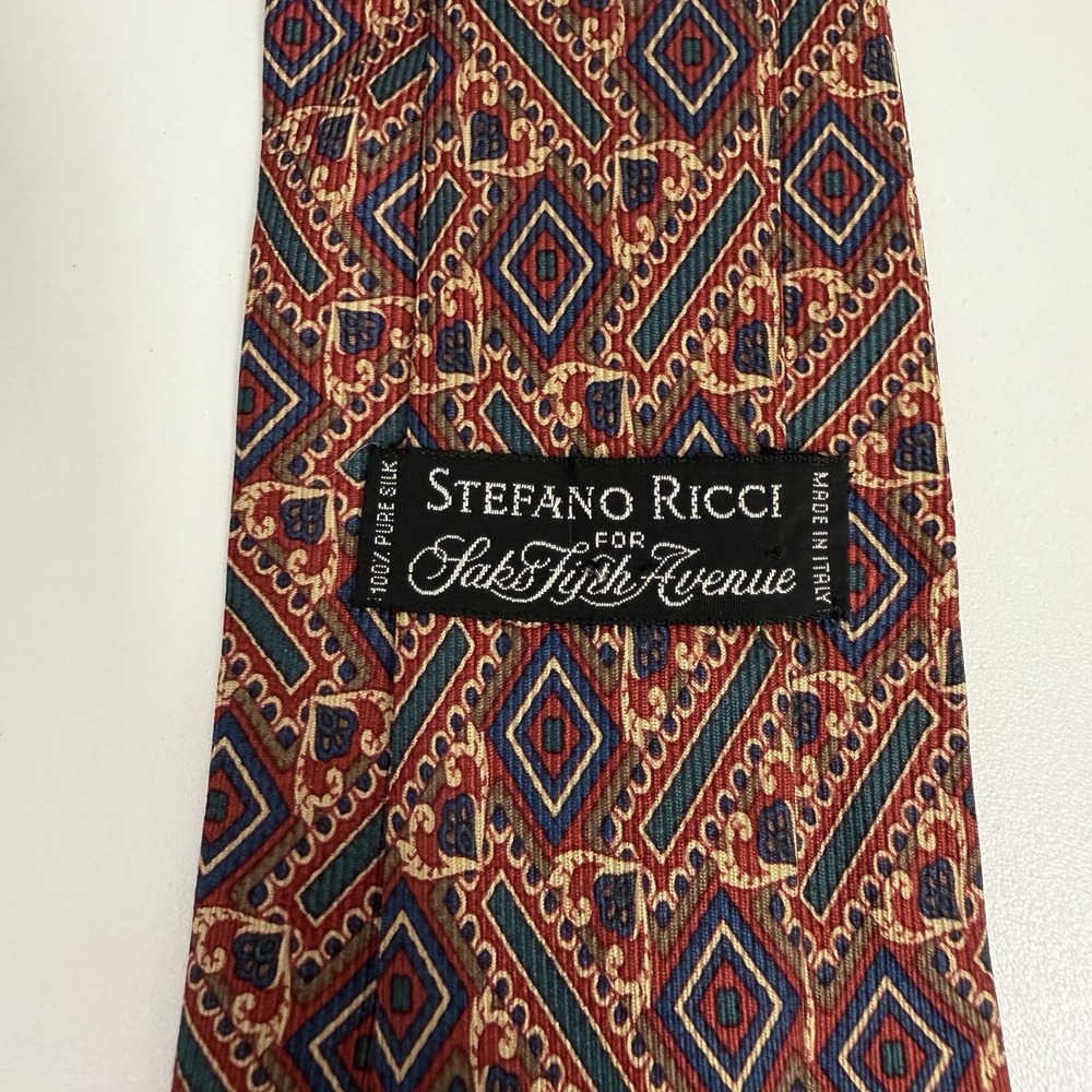 Stefano Ricci Men's Tie Geometric Red Satin Silk Italy 3 3/8" (W) x 59" (L) euc